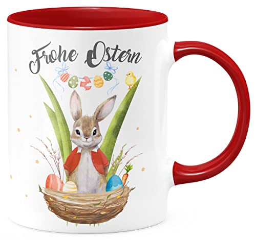 miKalino Keramik Tasse Frohe Ostern Hase im Körbchen - handbedruckt in Deutschland | Kaffee Becher Kaffeetasse Geschenk, Farbe:rot, Grösse:330ml von miKalino