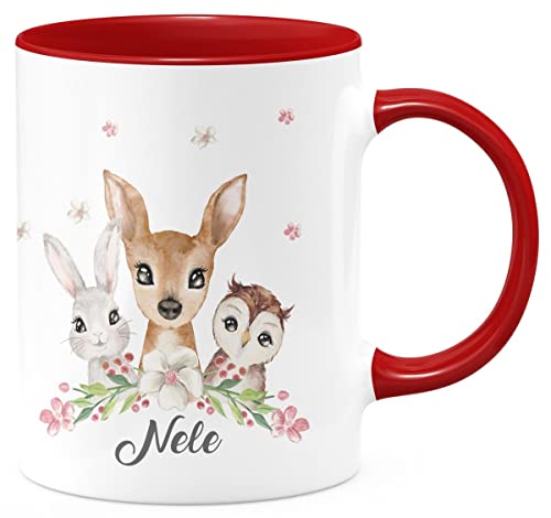 miKalino Keramik Tasse Hase, Reh und Eule mit Namen - handbedruckt in Deutschland | Kaffee Becher Kaffeetasse Geschenk, Farbe:rot, Grösse:330ml von miKalino