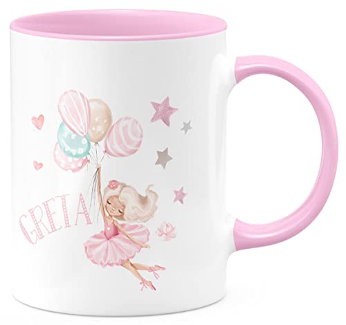 miKalino Keramik Tasse Kleine Ballerina mit Wunschname - handbedruckt in Deutschland | Kaffee Becher Kaffeetasse Geschenk, Farbe:rosa, Grösse:330ml von miKalino