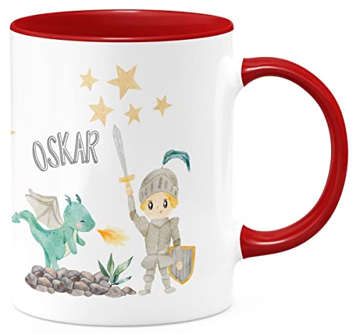 miKalino Keramik Tasse Kleiner Ritter & Drachen mit Wunschname - handbedruckt in Deutschland | Kaffee Becher Kaffeetasse Geschenk, Farbe:rot, Grösse:330ml von miKalino