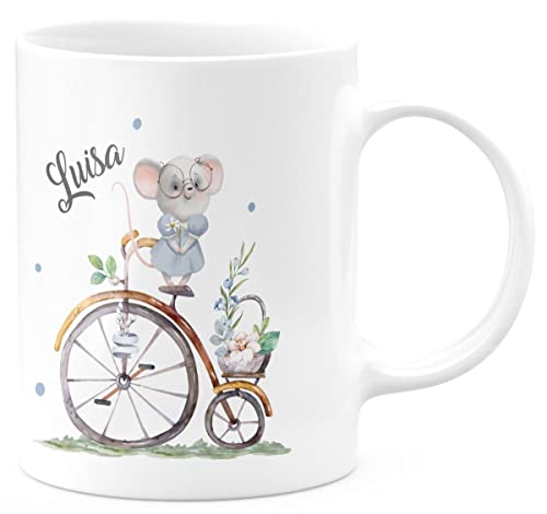 miKalino Keramik Tasse Maus auf Fahrrad mit Namen - handbedruckt in Deutschland | Kaffee Becher Kaffeetasse Geschenk, Farbe:weiss, Grösse:330ml von miKalino