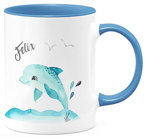 miKalino Keramik Tasse Niedlicher Delphin personalisiert mit Wunschname - handbedruckt in Deutschland | Kaffee Becher Kaffeetasse Geschenk, Farbe:cambridgeblue, Grösse:330ml von miKalino