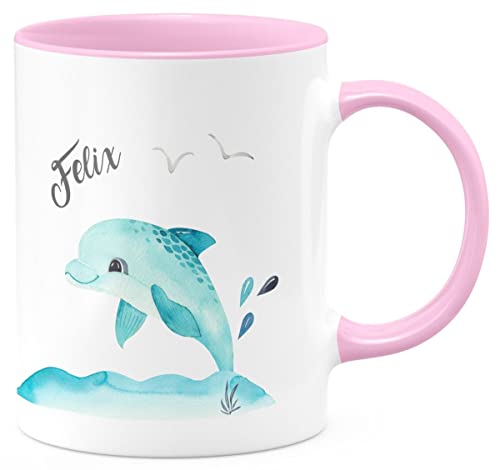 miKalino Keramik Tasse Niedlicher Delphin personalisiert mit Wunschname - handbedruckt in Deutschland | Kaffee Becher Kaffeetasse Geschenk, Farbe:rosa, Grösse:330ml von miKalino