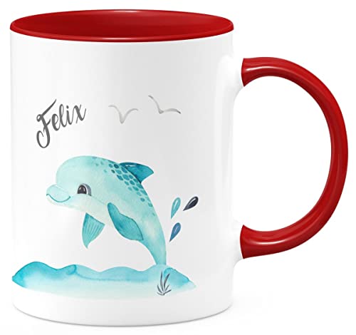 miKalino Keramik Tasse Niedlicher Delphin personalisiert mit Wunschname - handbedruckt in Deutschland | Kaffee Becher Kaffeetasse Geschenk, Farbe:rot, Grösse:330ml von miKalino