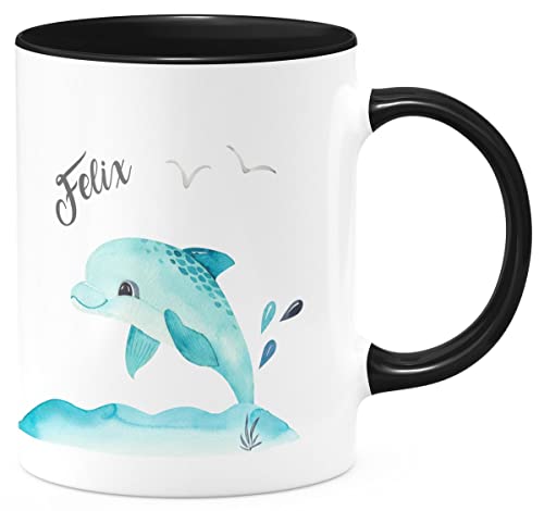 miKalino Keramik Tasse Niedlicher Delphin personalisiert mit Wunschname - handbedruckt in Deutschland | Kaffee Becher Kaffeetasse Geschenk, Farbe:schwarz, Grösse:330ml von miKalino