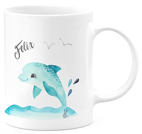 miKalino Keramik Tasse Niedlicher Delphin personalisiert mit Wunschname - handbedruckt in Deutschland | Kaffee Becher Kaffeetasse Geschenk, Farbe:weiss, Grösse:330ml von miKalino