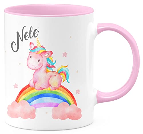 miKalino Keramik Tasse Niedliches Einhorn auf einem Regenbogen personalisiert mit Wunschname - handbedruckt in Deutschland | Kaffee Becher Kaffeetasse Geschenk, Farbe:rosa, Grösse:330ml von miKalino