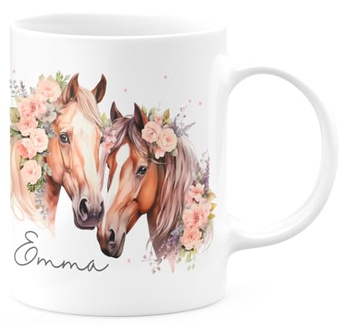 miKalino Keramik Tasse Personalisierte Pferde Tasse, Floral Pferdebecher, Geschenk für Pferdeliebhaber, Kaffeetasse mit Blumen und Pferdemotiv, Unique Mug, Farbe:weiss, Grösse:330ml von miKalino