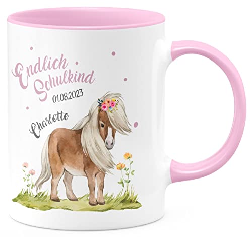 miKalino Keramik Tasse Pferd/Pony Schulkind personalisiert mit Wunschname - handbedruckt in Deutschland | Kaffee Becher Kaffeetasse Geschenk, Farbe:rosa, Grösse:330ml von miKalino