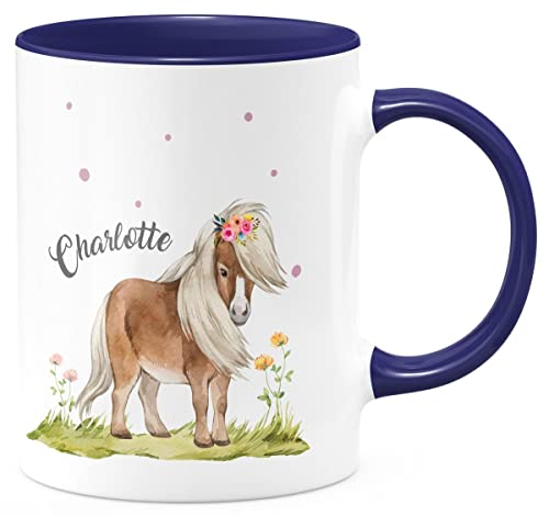 miKalino Keramik Tasse Pferd - Pony personalisiert mit Wunschname - handbedruckt in Deutschland | Kaffee Becher Kaffeetasse Geschenk, Farbe:kobalt, Grösse:330ml von miKalino
