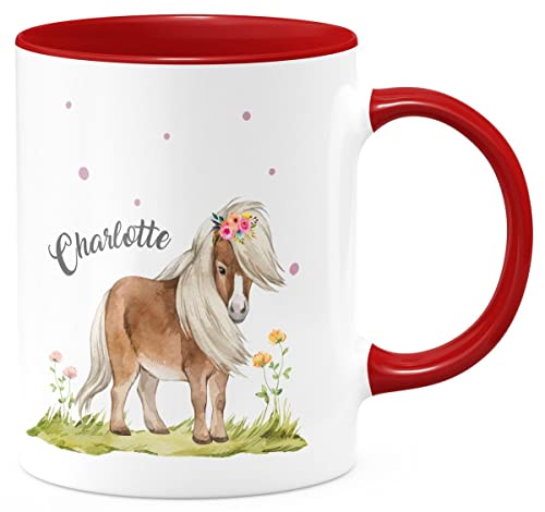 miKalino Keramik Tasse Pferd - Pony personalisiert mit Wunschname - handbedruckt in Deutschland | Kaffee Becher Kaffeetasse Geschenk, Farbe:rot, Grösse:330ml von miKalino