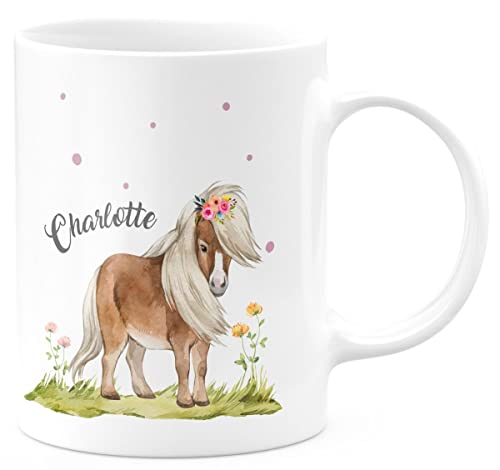 miKalino Keramik Tasse Pferd - Pony personalisiert mit Wunschname - handbedruckt in Deutschland | Kaffee Becher Kaffeetasse Geschenk, Farbe:weiss, Grösse:330ml von miKalino