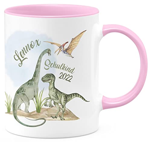 miKalino Keramik Tasse Schulkind - Dinosaurier mit Namen - handbedruckt in Deutschland | Kaffee Becher Kaffeetasse Geschenk, Farbe:rosa, Grösse:330ml von miKalino