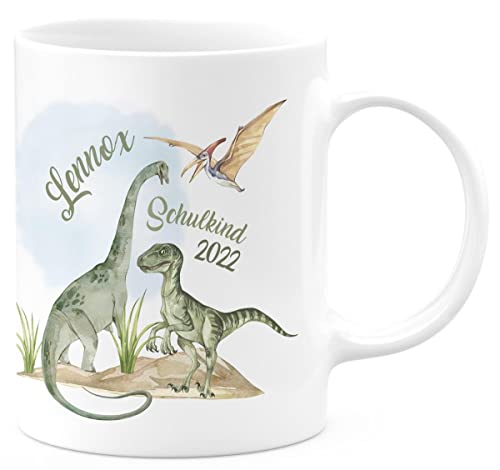 miKalino Keramik Tasse Schulkind - Dinosaurier mit Namen - handbedruckt in Deutschland | Kaffee Becher Kaffeetasse Geschenk, Farbe:weiss, Grösse:330ml von miKalino