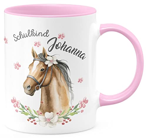 miKalino Keramik Tasse Schulkind braunes Pferd mit Blumenranke und Wunschname - handbedruckt in Deutschland | Kaffee Becher Kaffeetasse Geschenk, Farbe:rosa, Grösse:330ml von miKalino