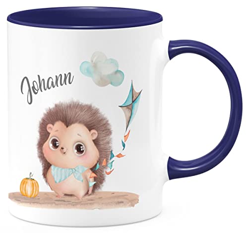 miKalino Keramik Tasse Süßer Igel mit einem Drachen personalisiert mit Namen - handbedruckt in Deutschland | Kaffee Becher Kaffeetasse Geschenk, Farbe:kobalt, Grösse:330ml von miKalino