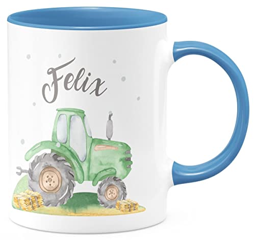 miKalino Keramik Tasse Traktor mit Namen - handbedruckt in Deutschland | Kaffee Becher Kaffeetasse Geschenk, Farbe:cambridgeblue, Grösse:330ml von miKalino