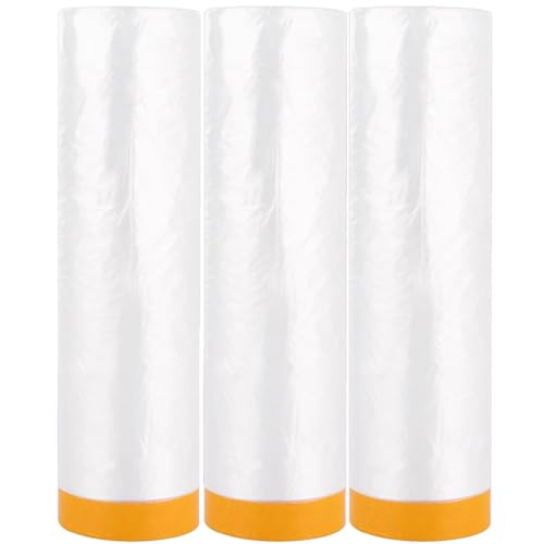 Abdeckfolie mit Klebeband, 3 rolls Abklebeband mit Folie 180CM x 20M, Selbstklebende Abdeckfolie Maler, Transparent Abdeckfolie mit Gewebeklebeband von miaomiao