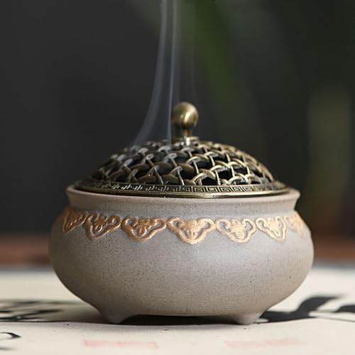 Keramik Weihrauchbrenner, Vintage Räuchergefäß Räucherstäbchenhalter Halter, Rund Chinesisch Porzellan Räucherschale mit Feuerfeste Matte und Metall Deckel für Home Deko Geschenk von miaomiao