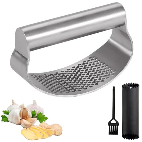 Knoblauchpresse Edelstahl, Knoblauchpresse Wippe, Küchenhelfer Garlic Press mit praktischem Reinigungsbürstchen und Silikon Knoblauchschäler Set von miaomiao