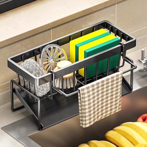 Spülbecken Organizer, Schwammhalter Spülbecken, Küchen Sink Organizer mit Abnehmbarem Spültuchhalter, Küchenorganizer mit Automatisch Abflusspfanne von miaomiao