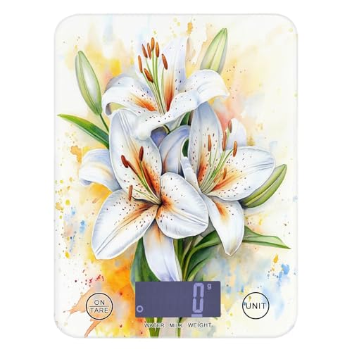 Bascula Digitale Waage, leicht zu reinigen, 5 kg/5 g, schöne weiße Lilienblüte, kleine digitale Waage, Gramm mit 4 Einheiten zum Braten von Gewürzen, Mahlzeitenzubereitung, Batterien nicht im Bascula Digitale Waage, leicht zu reinigen, 5 kg/5 g, schöne weiße Lilienblüte, kleine digitale Waage, Gramm mit 4 Einheiten zum Braten von Gewürzen, Mahlzeitenzubereitung, Batterien nicht im von miaozhen