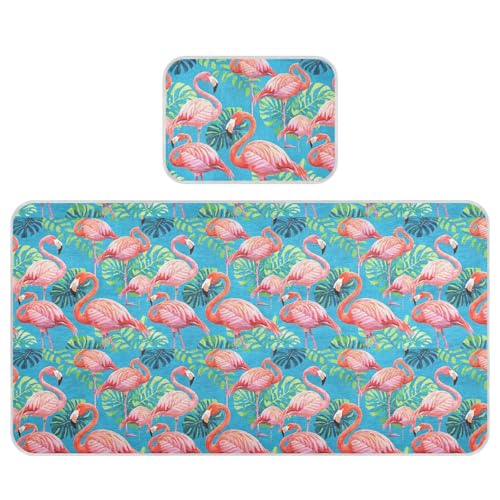 Kühlende Babybett-Matratze für Kleinkinder, 71,1 x 132,1 cm, waschbar, Vintage-Malerei, Flamingos, Palmblatt, Blau, für Kinder, Erwachsene Kühlende Babybett-Matratze für Kleinkinder, 71,1 x 132,1 cm, waschbar, Vintage-Malerei, Flamingos, Palmblatt, Blau, für Kinder, Erwachsene von miaozhen
