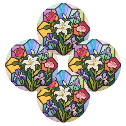 Runde Tischsets aus Edelstahl, mit bunten Blumen, Lilien, für den Esstisch, Platzsets, für den Innenbereich, waschbar, 39,1 x 39,1 cm, Tapete, Para Mesa de Comedor, Dekoration, dekorativ, 4 Stück von miaozhen