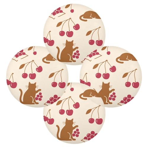 Runde Tischsets mit Katze und Kirsche, magentafarben und braun, 4 Stück, 39,1 x 39,1 cm, Tapete, Para Mesa de Comedor, Dekoration, Dekoration von miaozhen