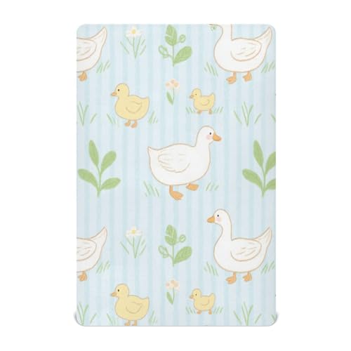 Sábanas para cuna de ni?a Mini-Bettlaken für Kinderbett, Motiv: Ente und Ente, Grasland, blau gestreift, 132 x 71 cm von miaozhen