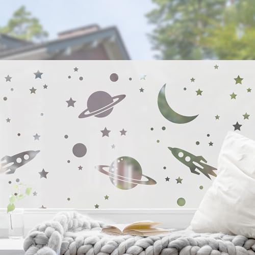 micasia Fensterfolie statisch haftend Weltall Sichtschutz Milchglas - Made in Germany - Weltall Modern Blickdicht Scheibe Innen Kinderzimmer Glas 1707 (120x80cm) von micasia