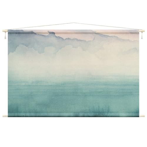 micasia Wandteppich Kunstdruck Stoffbild inkl. Holzstäbe & Seile Wanddeko - Made in Germany - Meerblick Abstrakt türkis Wohnzimmer Schlafzimmer Wandbehang 1875 (145x95cm) von micasia