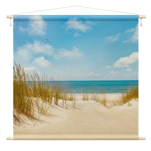 Wandteppich Strand Meer Natur Stoffbild inkl. Holzstäbe & Seile Wanddeko - Made in Germany - Meerblick Modern beige Wohnzimmer Schlafzimmer Wandbehang 1163 (110x110cm) von micasia