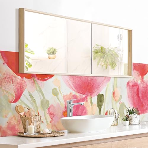 micasia Wandverkleidung Bad selbstklebend wasserfest Blumen fugenlos Wandpaneel - made in Germany - Mohnblume Hartfolie matt rot Badrückwand Aquarell statt Fliesen 1098 (160x45cm) von micasia