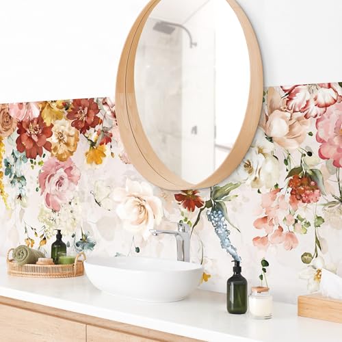 micasia Wandverkleidung Bad selbstklebend wasserfest Blumen fugenlos Wandpaneel - made in Germany - Ranke Hartfolie matt pastell Badrückwand Aquarell Illustration statt Fliesen 1129 (175x50cm) von micasia