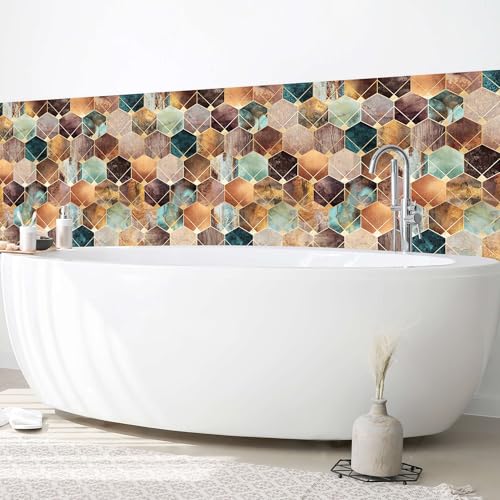 micasia Wandverkleidung Bad selbstklebend wasserfest Muster fugenlos Wandpaneel - made in Germany - Geometrisch Hartfolie matt gold Badrückwand Aquarell Abstrakt statt Fliesen 1436 (150x80cm) von micasia