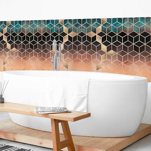 micasia Wandverkleidung Bad selbstklebend wasserfest Muster fugenlos Wandpaneel - made in Germany - Geometrisch Hartfolie matt türkis Badrückwand Aquarell Abstrakt statt Fliesen 1434 (300x50cm) von micasia