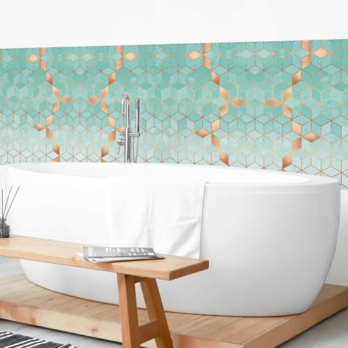 micasia Wandverkleidung Bad selbstklebend wasserfest Muster fugenlos Wandpaneel - made in Germany - Geometrisch Hartfolie matt türkis Badrückwand Aquarell Abstrakt statt Fliesen 1435 (300x60cm) von micasia