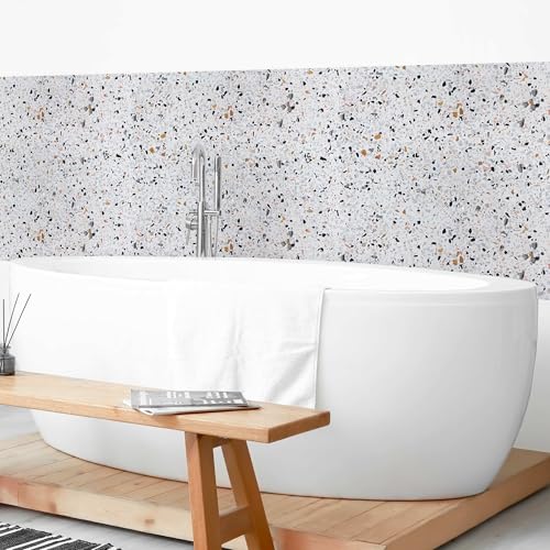 micasia Wandverkleidung Bad selbstklebend wasserfest Muster fugenlos Wandpaneel - made in Germany - Terrazzo Hartfolie matt weiss Badrückwand Abstrakt statt Fliesen 1431 (150x80cm) von micasia