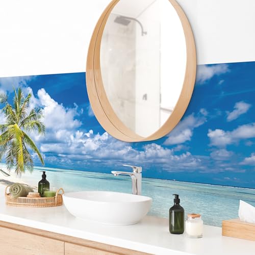 micasia Wandverkleidung Bad selbstklebend wasserfest Natur fugenlos Wandpaneel - made in Germany - Palme Hartfolie matt türkis Badrückwand Tropisch statt Fliesen 1119 (175x50cm) von micasia