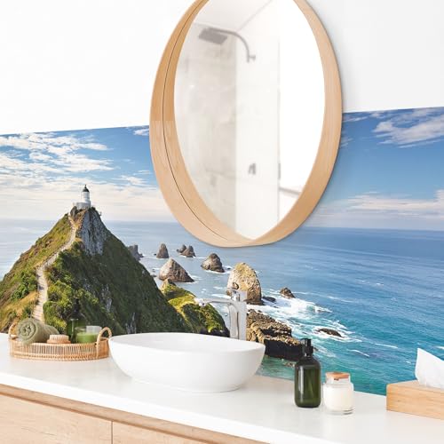 micasia Wandverkleidung Bad selbstklebend wasserfest Strand fugenlos Wandpaneel - made in Germany - Leuchtturm Hartfolie matt blau Badrückwand Motiv statt Fliesen 1109 (280x80cm) von micasia