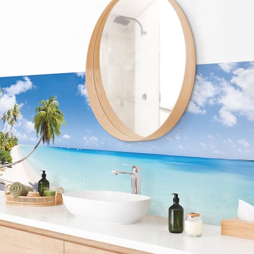 micasia Wandverkleidung Bad selbstklebend wasserfest Strand fugenlos Wandpaneel - made in Germany - Palme Hartfolie matt türkis Badrückwand Tropisch statt Fliesen 1162 (210x60cm) von micasia
