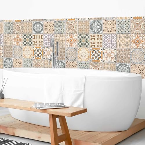 micasia Wandverkleidung Bad selbstklebend wasserfest mit Motiv fugenlos Wandpaneel - made in Germany - Design Hartfolie matt beige Badrückwand Fliesenoptik Vintage statt Fliesen 1438 (100x70cm) von micasia