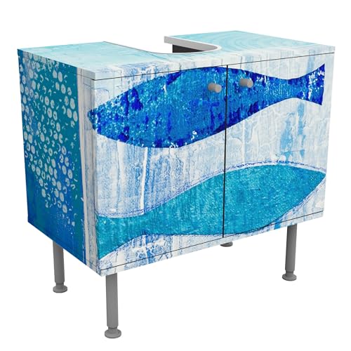 micasia Waschbeckenunterschrank 2 Türen Kunst höhenverstellbar mit Füßen - 60er Breite - Fische Malerei Unterschrank blau Bad Gäste WC Möbel mit Motiv 1680 von micasia