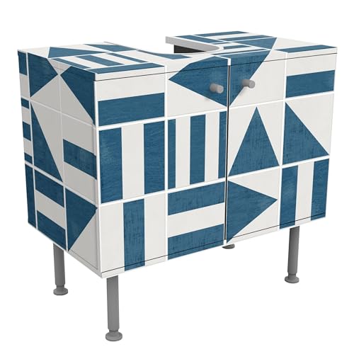 micasia Waschbeckenunterschrank 2 Türen Muster höhenverstellbar mit Füßen - 60er Breite - Geometrisch Fliesenoptik Unterschrank blau Bad Gäste WC Möbel mit Motiv 1684 von micasia