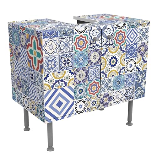 micasia Waschbeckenunterschrank 2 Türen Muster höhenverstellbar mit Füßen - 60er Breite - Geometrisch Fliesenoptik Unterschrank blau Bad Gäste WC Möbel mit Motiv 1695 von micasia