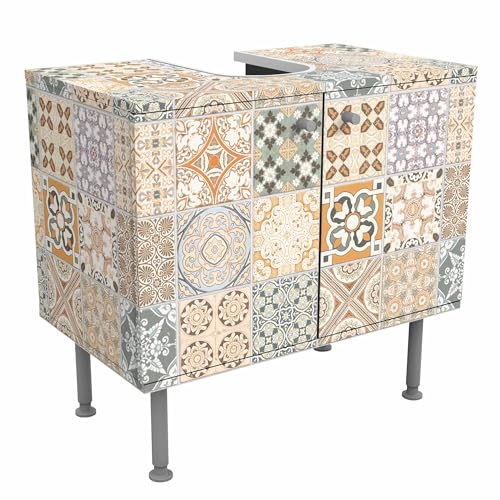 micasia Waschbeckenunterschrank 2 Türen Muster höhenverstellbar mit Füßen - 60er Breite - originell Fliesenoptik Unterschrank beige Bad Gäste WC Möbel mit Motiv 1819 von micasia