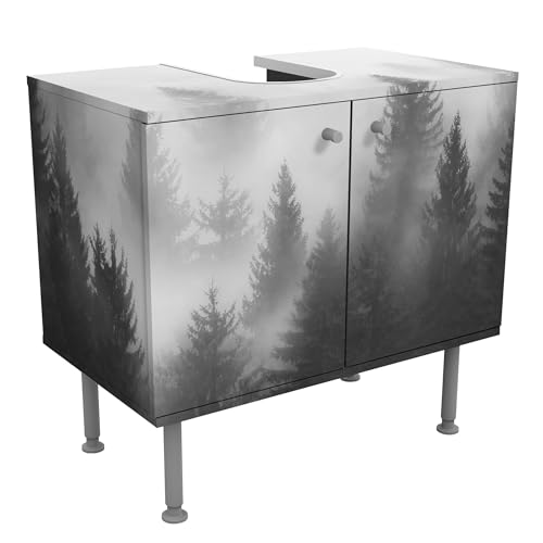 micasia Waschbeckenunterschrank 2 Türen Natur höhenverstellbar mit Füßen - 60er Breite - Bäume Modern Unterschrank schwarz Weiss Bad Gäste WC Möbel mit Motiv 1760 von micasia