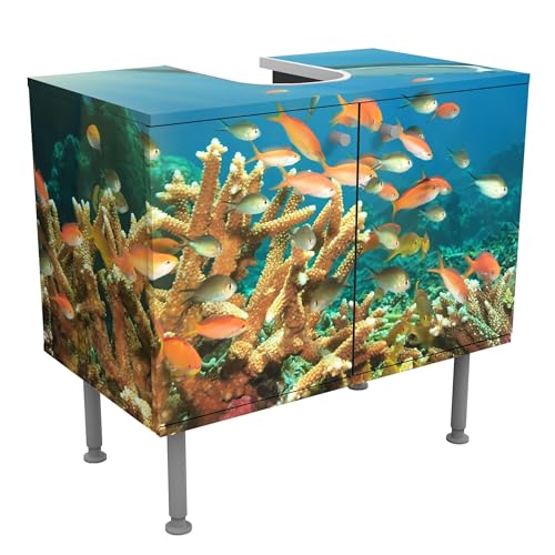micasia Waschbeckenunterschrank 2 Türen Natur höhenverstellbar mit Füßen - 60er Breite - Fische Modern Unterschrank blau Bad Gäste WC Möbel mit Motiv 1730 von micasia
