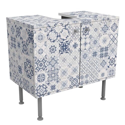 micasia Waschbeckenunterschrank 2 Türen Strand höhenverstellbar mit Füßen - 60er Breite - originell Fliesenoptik Unterschrank blau Bad Gäste WC Möbel mit Motiv 1722 von micasia